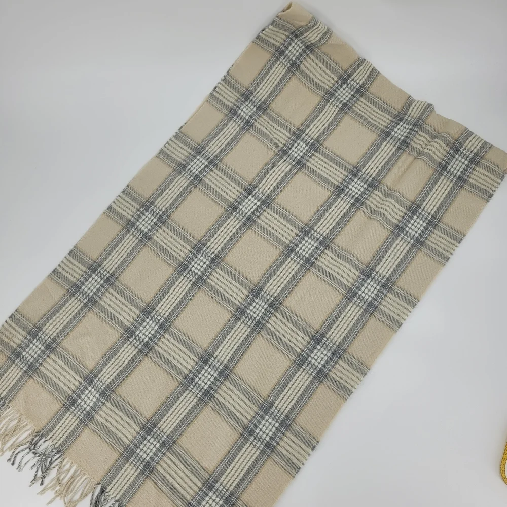 J.Crew Scarf Plaid Neutral Gray Tan Cream Fringe 24x78 Blanket Cottage Cabin